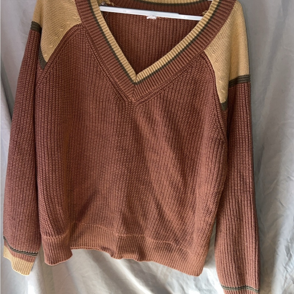 Wishlist V-Neck Sweater - Brown and Tan